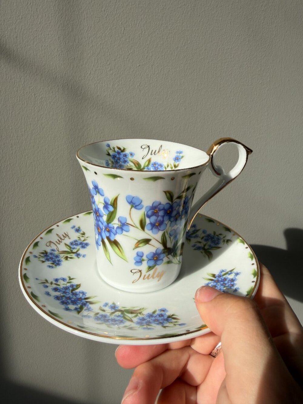 3/$30 🌟 Vintage July Floral Teacup & Saucer Set – Gold Trim Blue Forget-Me-Nots - Picture 2 of 12